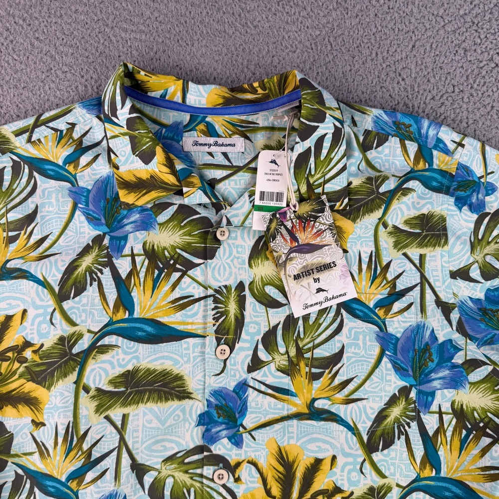 Tommy Bahama Shirt Mens Large Blue Tikis in the Tropics Artist Series Silk